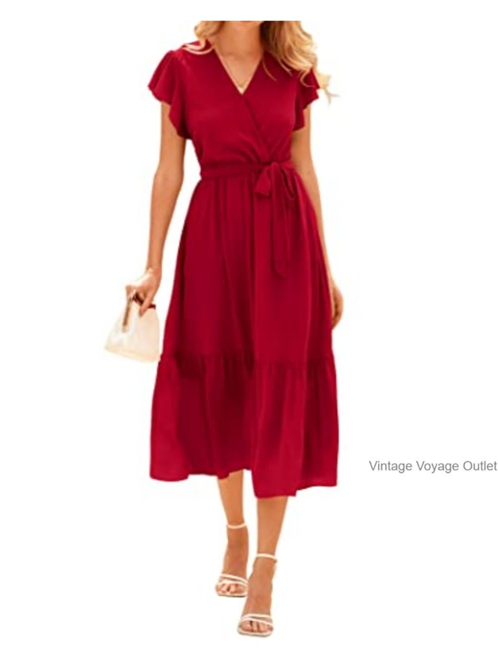 BTFBM Wrap V Neck Midi Dress Ruffle Cap Sleeve Belted Bohemian Summer